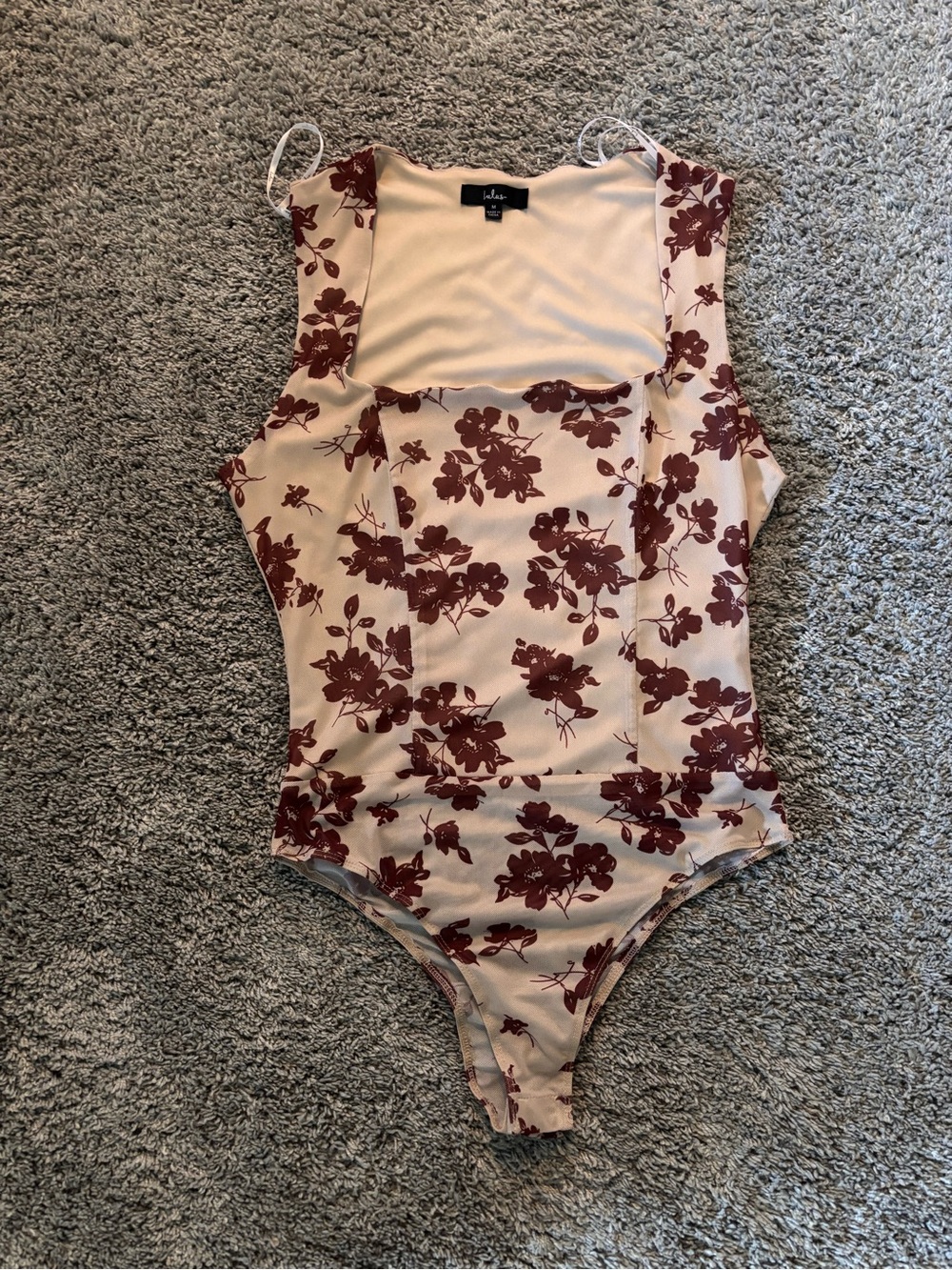 Lulu's Beige/Burgundy Brown Floral Mesh Tank Top Bodysuit Romantic Dressy Size M